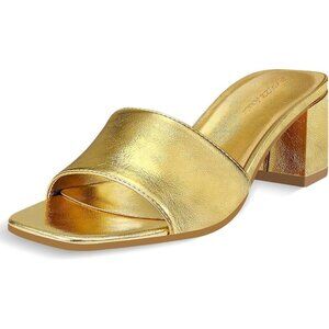 Women's Gold Low Chunky Block Square Open Toe Heeled Sandal Slip on Mules Shoes